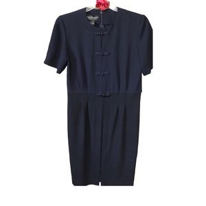 Vintage Debra Michaels Navy Blue Frog Closure Office Sheath Midi Dress Sz 6